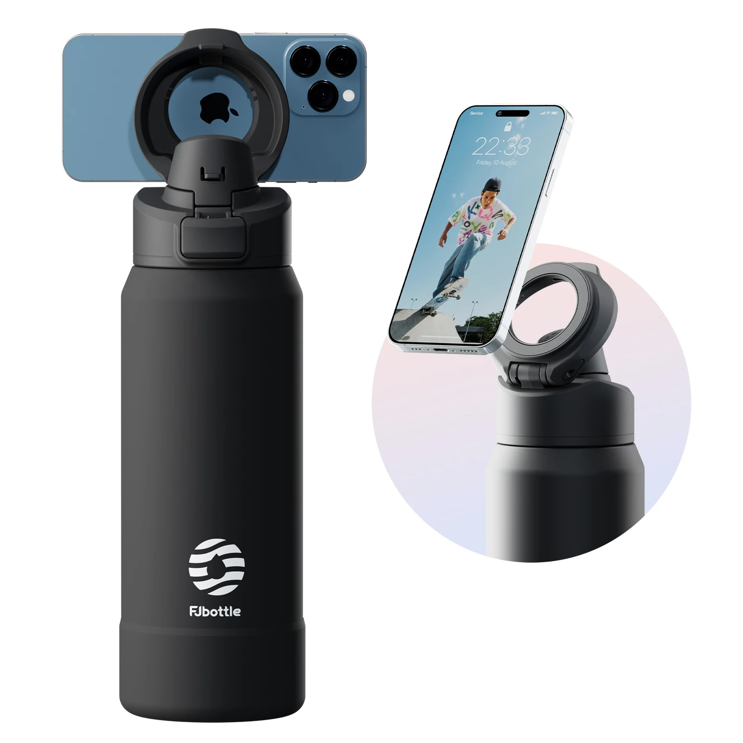 Botella de agua de acero inoxidable Thermos con soporte magnético para teléfono