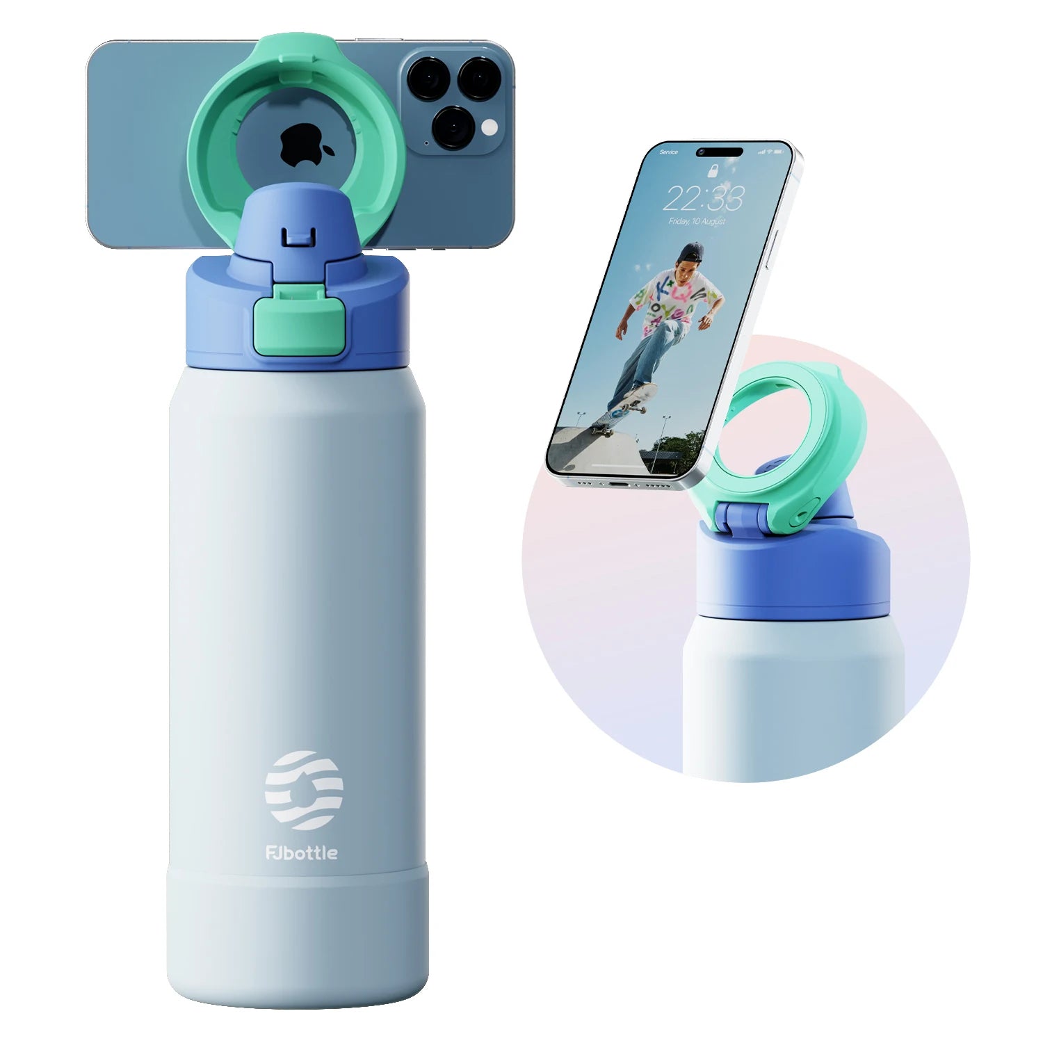 Botella de agua de acero inoxidable Thermos con soporte magnético para teléfono