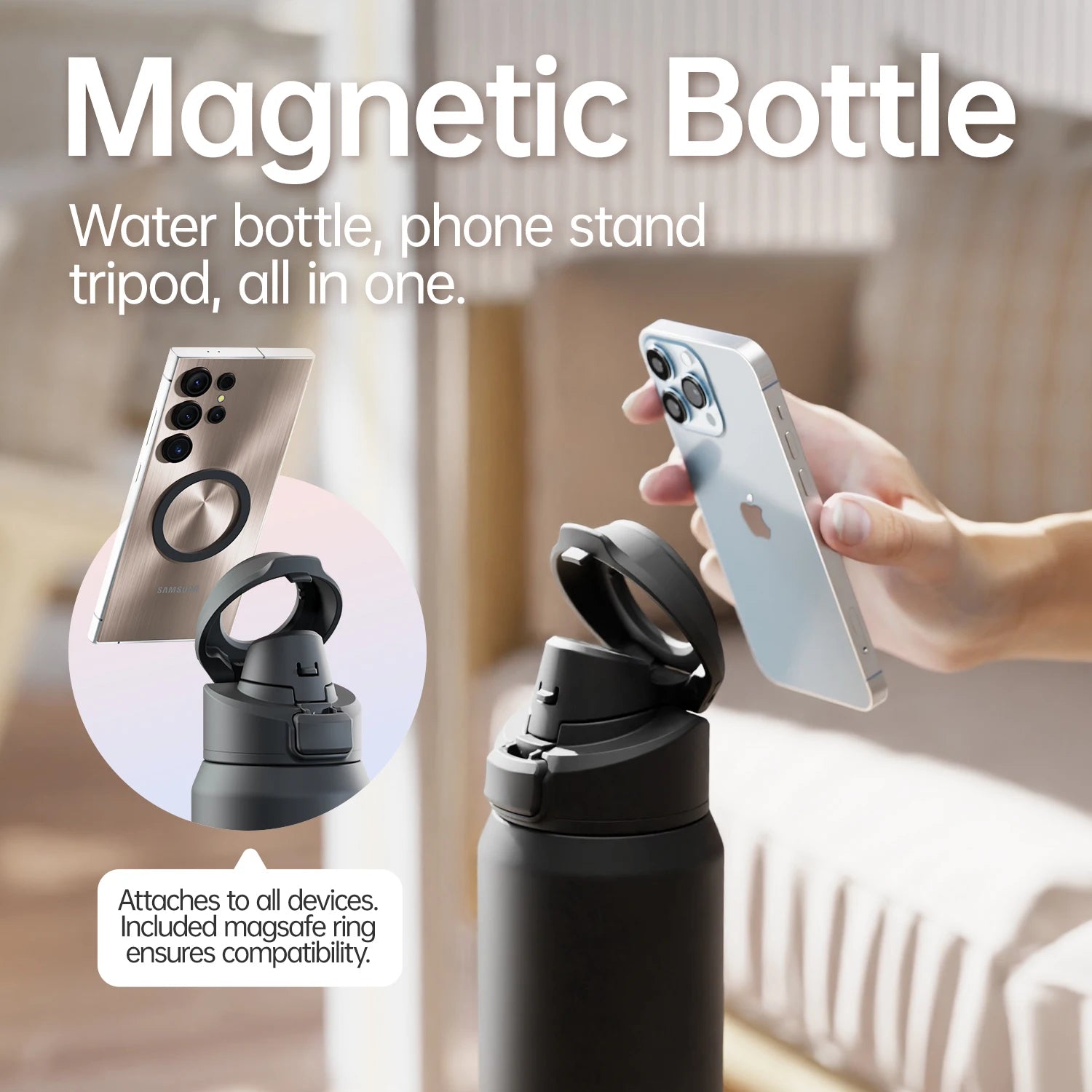 Botella de agua de acero inoxidable Thermos con soporte magnético para teléfono