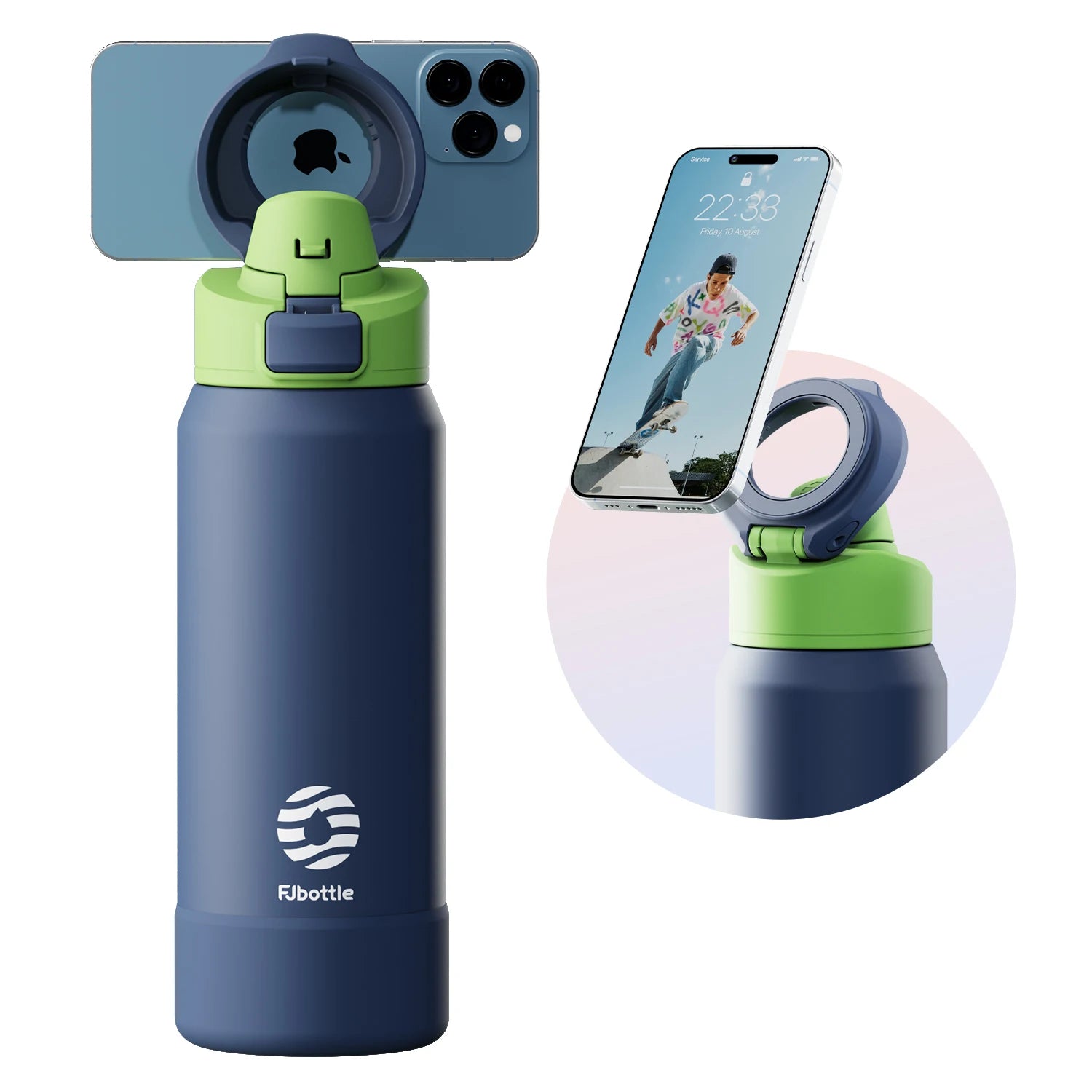 Botella de agua de acero inoxidable Thermos con soporte magnético para teléfono